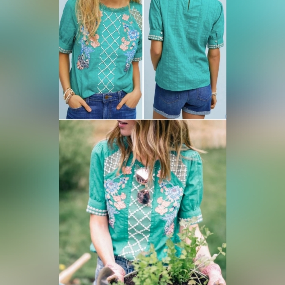 Maeve Embroidered Green Top With Lace Accents Keyhole Size US 0 UK 4 - Picture 2 of 9